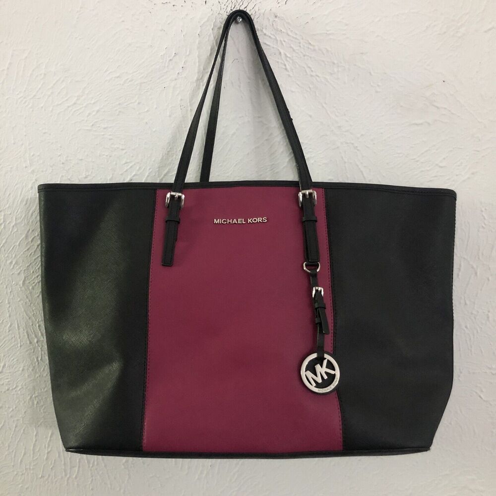 Michael Kors Jet Set Travel Saffiano Leather Center Stripe Med Black Pink Tote
